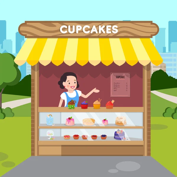 Kvinna Sälja Cupcakes Platt vektor Illustration — Stock vektor