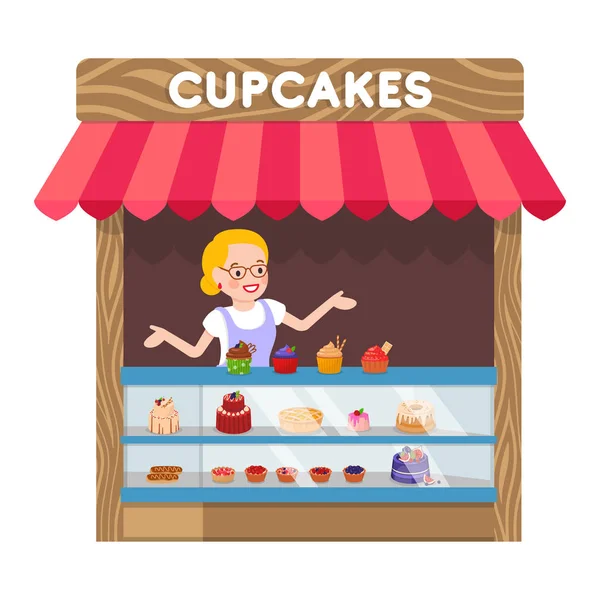 Delicious Cupcakes Booth Flat Vector Illustration — Stock Vector