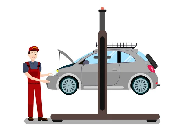 Le réparateur examine l'illustration vectorielle plate du moteur — Image vectorielle