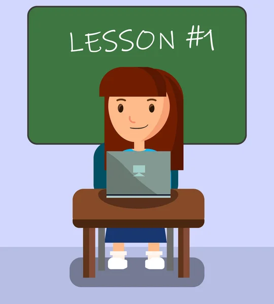 Обучение девочек в классе с помощью ноутбука на уроке . — стоковый вектор