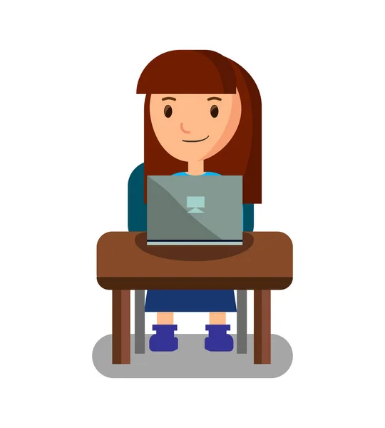 快乐女孩在笔记本电脑上寻找教育. — 图库矢量图片