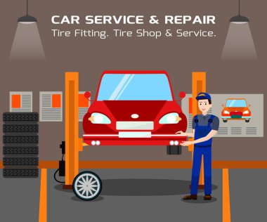 Lastik Atölyesi ve Servis Düz Vektör Afiş Şablonu