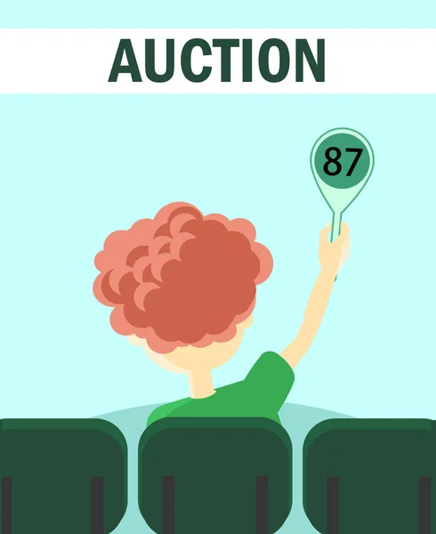 Participant of Auction Holds Tablet with Number. — Stock Vector