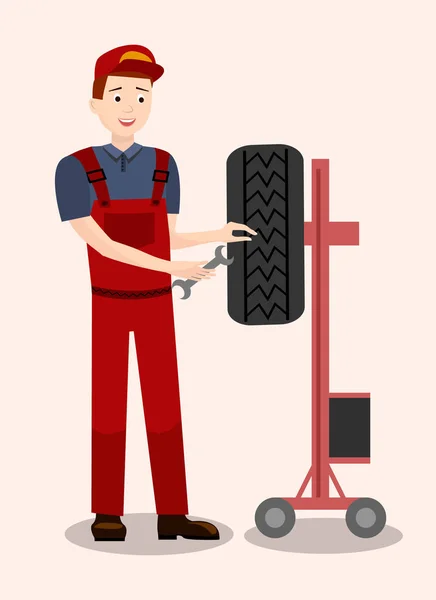 Auto mecânica verificação pneu plana ilustração — Vetor de Stock