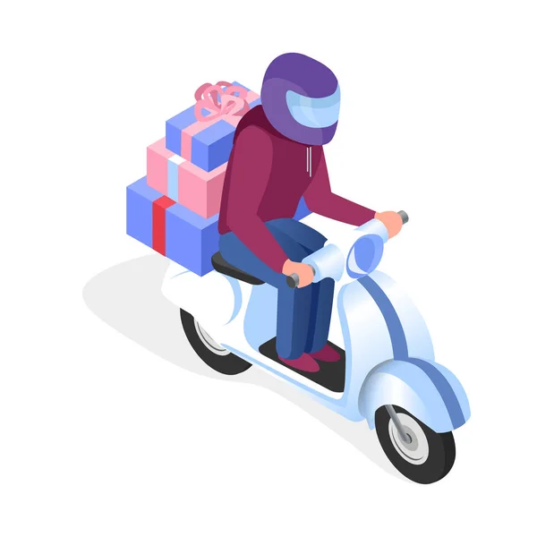 Conductor de scooter con regalos Ilustración isométrica — Vector de stock