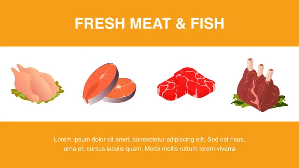 Plantilla de pancarta realista de carne fresca y pescado — Vector de stock