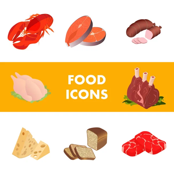 Carne, productos marinos Set de ilustraciones realistas — Vector de stock