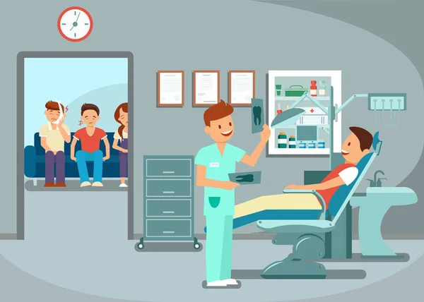 Exame dos dentes, visita do dentista ilustração plana — Vetor de Stock