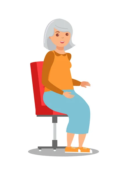 노인, 여자, 앉아, 에, 의자, 플랫 일러스트 — 스톡 벡터