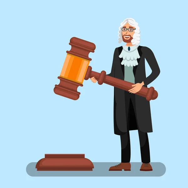 Domare i Wig Holding Big gavel platt illustration — Stock vektor