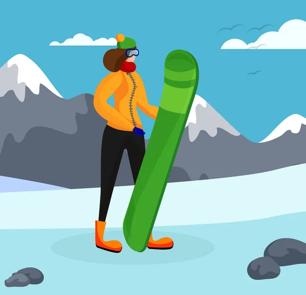 Flicka med snowboard poserar på berg bakgrund — Stock vektor