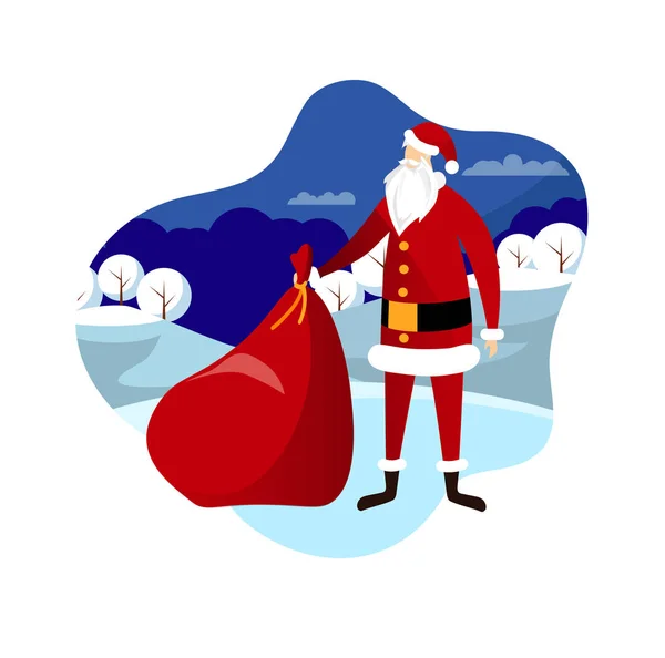 Santa con bolsa en fondo de paisaje de invierno . — Archivo Imágenes Vectoriales