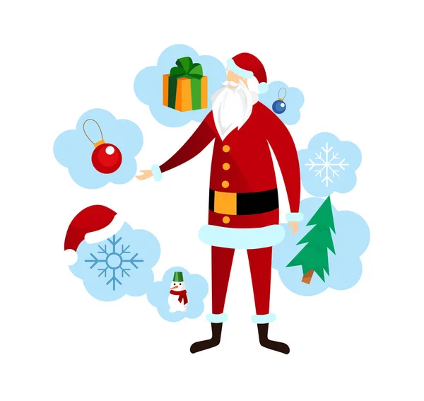 Père Noël en costume rouge avec des attributs festifs — Image vectorielle