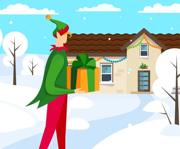 Carattere elfo portando bel regalo a casa . — Vettoriale Stock