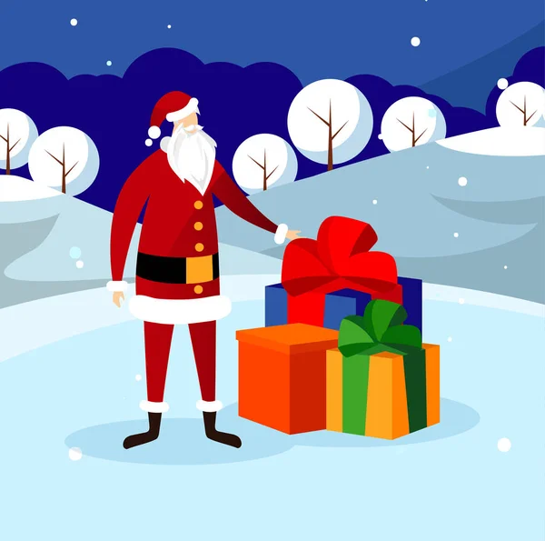 Funny Santa Claus Stand près de Big Stack of Presents — Image vectorielle