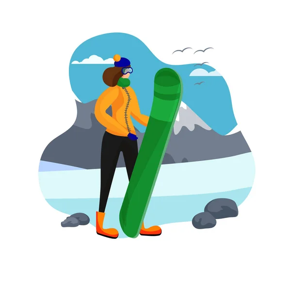 Vuxen kvinna i vinterkläder innehar snowboard — Stock vektor