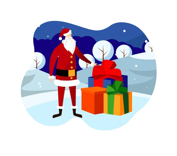 La nuit de Noël. Père Noël apportant des cadeaux — Image vectorielle