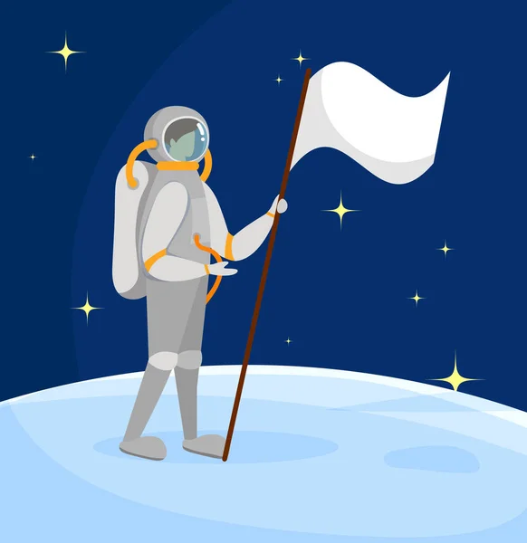 Astronaut állandó a Hold felszínén fehér zászló — Stock Vector