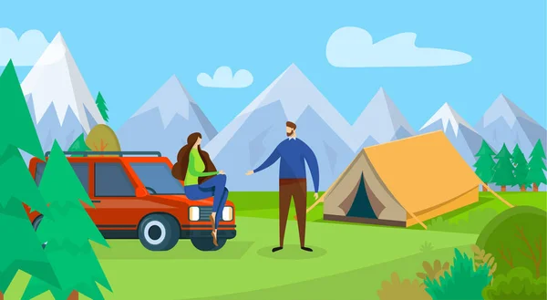 Glückliches Paar junger Männer und Frauen auf Campingreise — Stockvektor