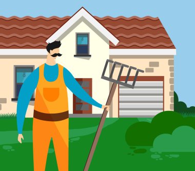 Man Bahçıvan Tarım Evi Arka Plan Üzerinde Tırmık ile