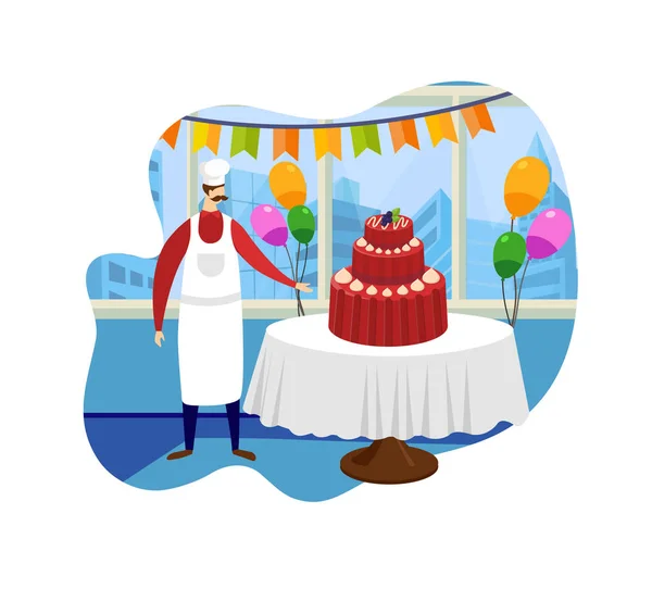 Confectioner Stand near Table with Big Tasty Cake. — Stock Vector