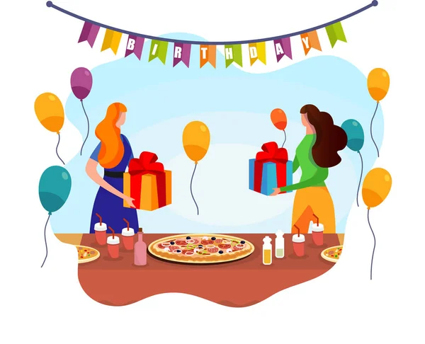 Intercambio de mujeres adorables con regalos cerca de la mesa festiva . — Vector de stock