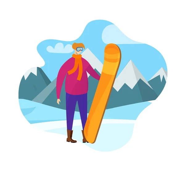 Дорослий чоловік у зимовому одязі тримає сноуборд — стоковий вектор
