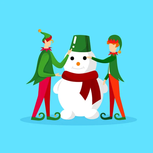 Elves jul tecken gör rolig snögubbe — Stock vektor