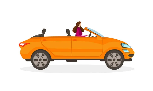 女孩在红色礼服驾驶橙色可转换车. — 图库矢量图片