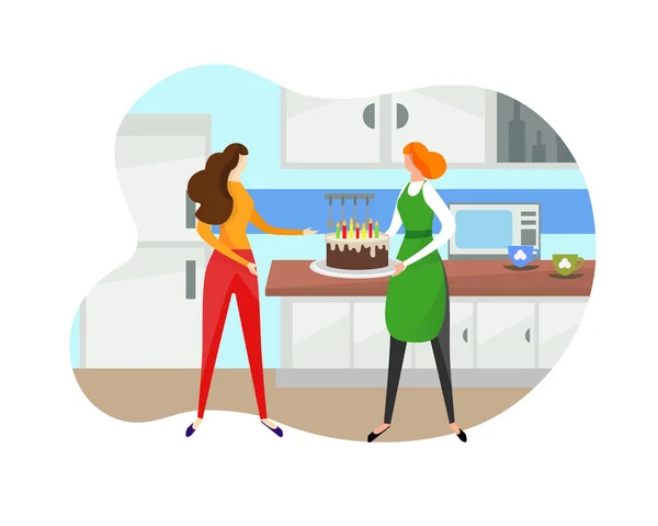 Femme donnant gâteau d'anniversaire à la fille sur la cuisine . — Image vectorielle