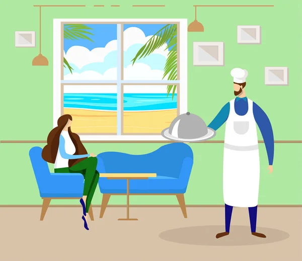 Femme Détendez-vous au café sur le bord de la mer avec belle vue — Image vectorielle