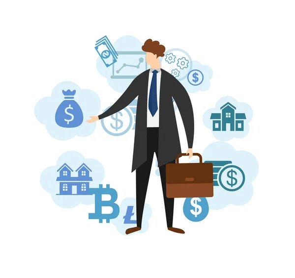 Hombre de Negocios Personaje con Iconos de Finanzas Alrededor . — Vector de stock