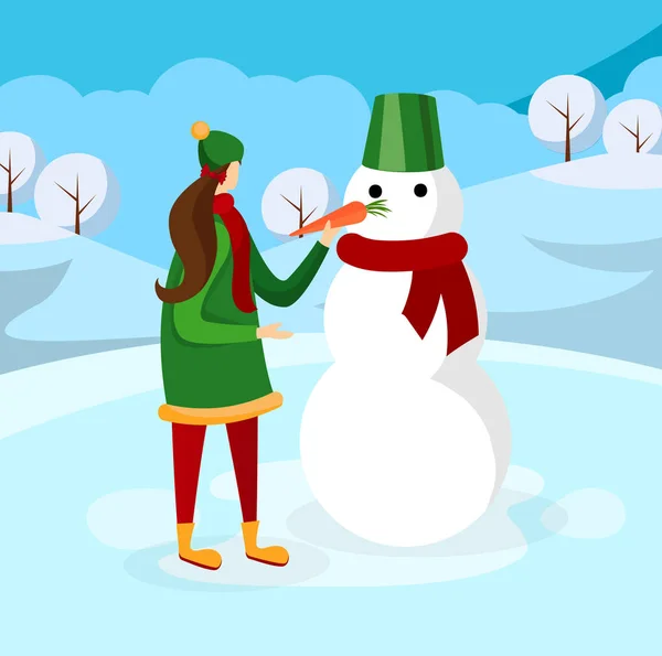 Söt tjej gör snögubbe på vinter bakgrund — Stock vektor