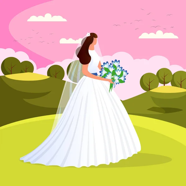 Όμορφη νεαρή νύφη με λουλούδια γάμου μπουκέτο — Διανυσματικό Αρχείο