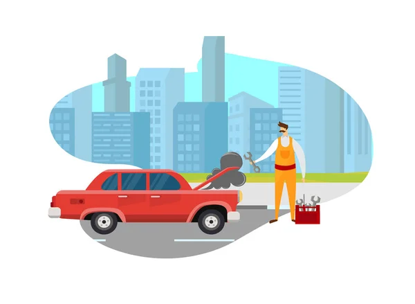 Monteur man op zoek gebroken auto op de weg in de stad. — Stockvector