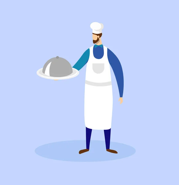 Chef houdt in handen lade met schotel onder Cloche. — Stockvector