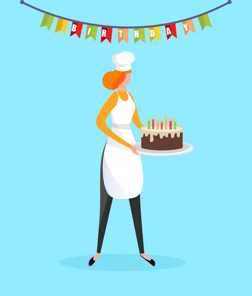 Mujer cocinera en delantal celebración de pastel de cumpleaños en las manos — Vector de stock