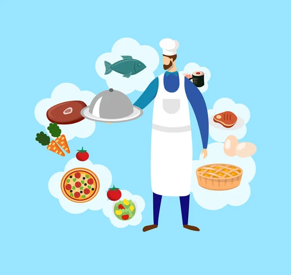 Jonge baardman Chef in Toque en Food Icons. — Stockvector