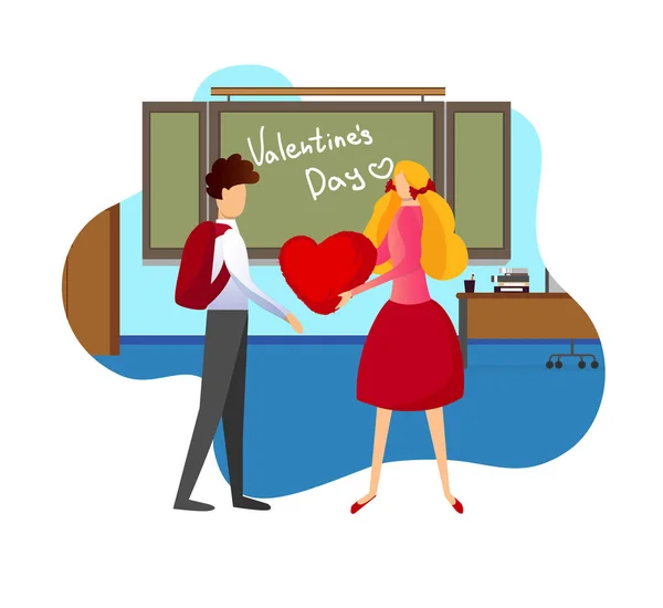 Menina dá coração vermelho para menino amigo na sala de aula . — Vetor de Stock