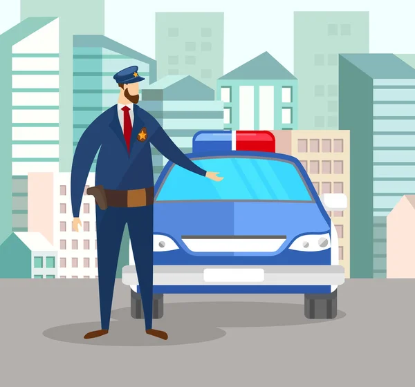 Oficial de policía en uniforme de pie cerca de coche de policía — Vector de stock