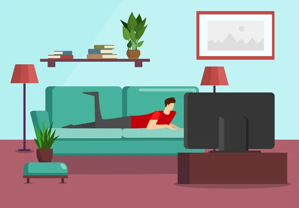 Junger Mann sieht Fernsehsendung auf Sofa liegend — Stockvektor