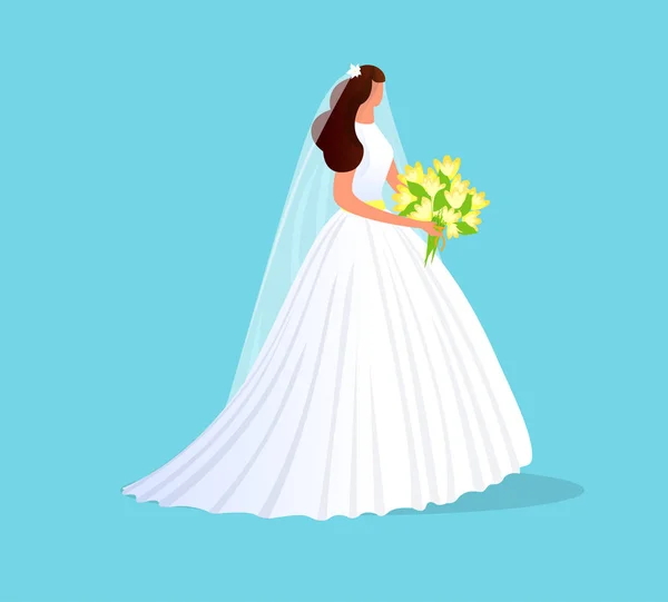 Schöne brünette Braut im weißen Hochzeitskleid. — Stockvektor