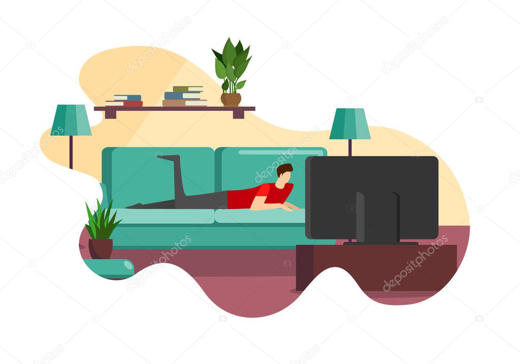 Man Lying on Couch in Front of Television Screen