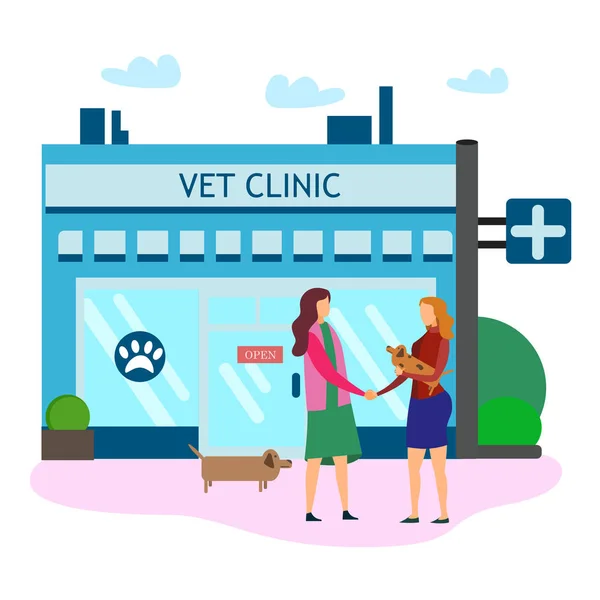 Femmes serrent la main à l'extérieur de la clinique vétérinaire — Image vectorielle