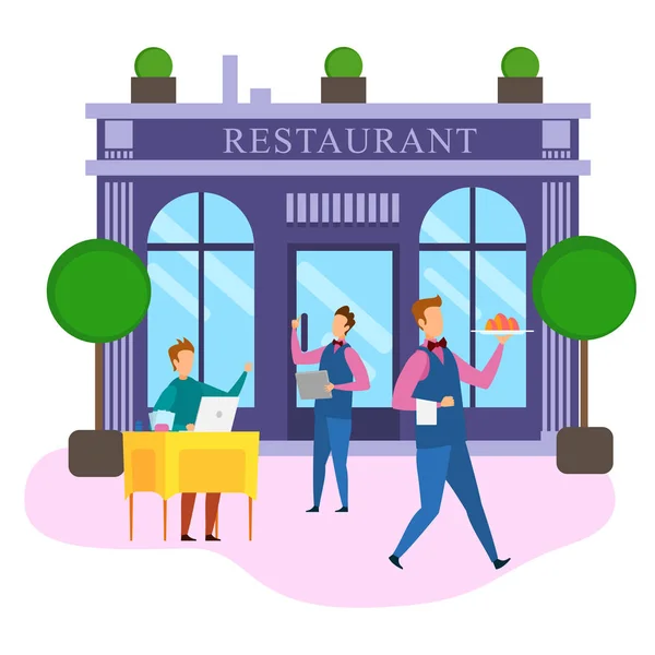 Kreslený obchodník notebook objednat jídlo restaurace — Stockový vektor