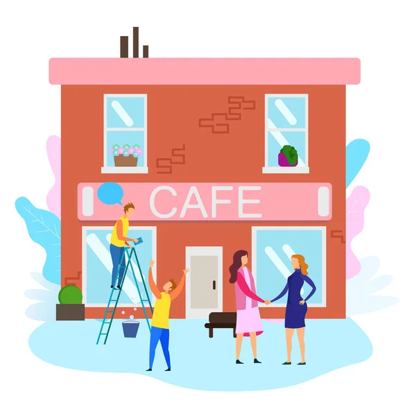 Femmes Serrer la main Hommes Clean Cafe Building Window — Image vectorielle