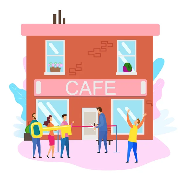 Cérémonie d'ouverture du café Ruban rouge coupé par le propriétaire masculin — Image vectorielle