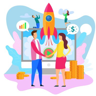 Roket Ekranda Karikatür Adam Kadın El Sıkışma