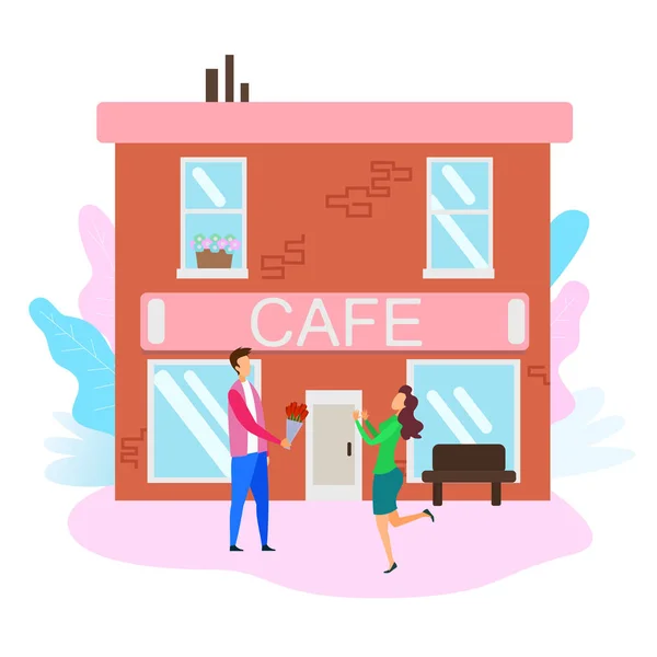 Woman Meeting Man with Bouquet Street Outside Cafe — Stock Vector