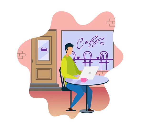 Homem com Laptop desfrutando de café quente na cafeteria —  Vetores de Stock